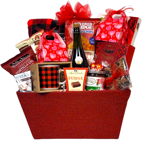 You'll be sure to ask "Will You Be MIne" with this cozy basket of a blanket to cuddle in and a wonderful assortment of chocolates, truffles, salsa, tortilla chips, sparkling juice, chips, popcorn and a mug to keep.