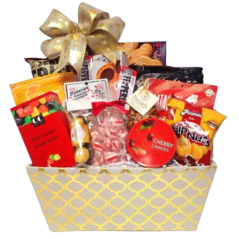 A Christmas gift basket with Chiwi's fruit snacks, shortbread, chips, cookies, pepperoni, pretzels, popcorn, nuts, jujubes, candy and more.