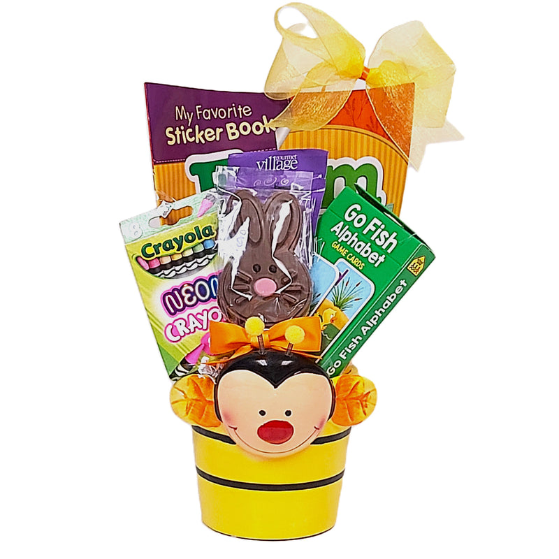 Our cute bumble bee pot is brimming with some tasty treats, a colouring book, crayons and a card game too! A wonderful Easter gift for your little bumble bee!