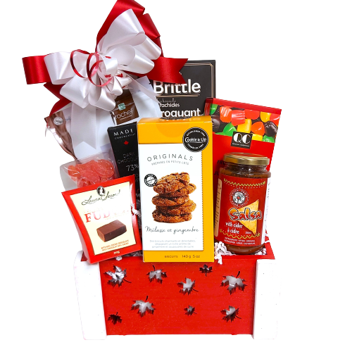 Designed in our beautiful wood maple leaf crate are delicious Canadian treats. There's gourmet salsa, shortbread, peanut brittle, fudge, pretzels, chocolate and jujubes too! A real treat to enjoy.  