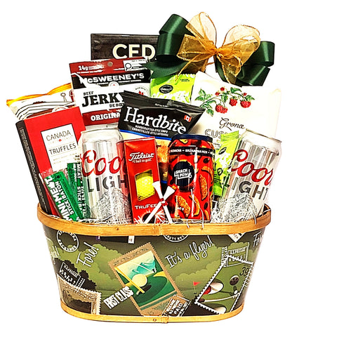 Golf themed gift basket filled with golf balls, a couple golf tees and lots of sweet, salty and savoury snacks for Dad to enjoy.