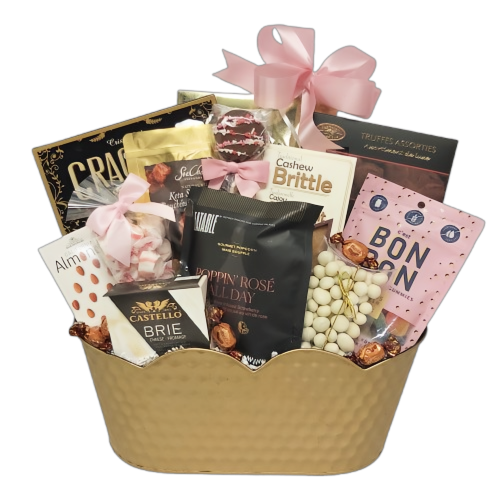 Expertly crafted by Cupid, this Valentine's gift basket includes all of Cupid's top picks. Indulge in truffles, brittle, chocolates, popcorn, crackers, cheese, nuts, salmon bites and much more. A flavourful assortment to savour. Perfect for receiving and delicious indulgences to enjoy!