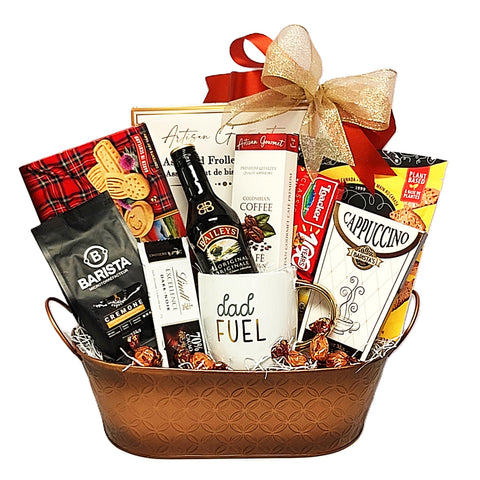 Specially created for Dad to add some fuel to his day.  This Father's Day gift basket is holds a "Dad Fuel" coffee mug paired with a mini bottle of Bailey's  along with an assortment of coffee, chocolate and cookie treats.
