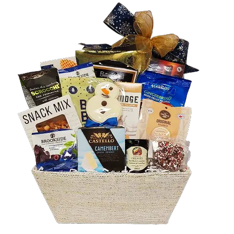 Let the festivities begin with this gift basket overflowing with treats for everyone to enjoy. There's crackers, cheese, cookies, chocolate, snack mix and much more!