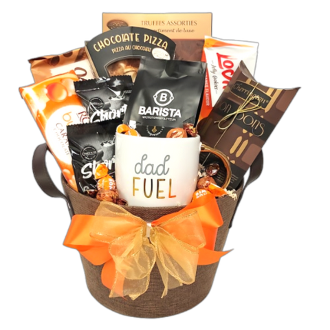 A gift basket filled with a chocolate pizza, cookies, an abundance of sweet treats, flavourful coffee and our "dad Fuel" fuel mug to keep.