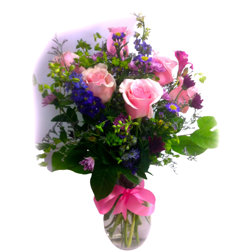A pretty vase arrangement of roses and garden flowers to send a little sunshine. 