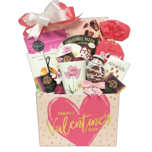 Indulge your Valentine with our Happy Valentine's gift box filled to the brim with a delectable assortment of chocolate, candy, nuts and tea. Your Valentine will enjoy a warm cup of tea in the beautiful keepsake mug nestled amongst all the goodies.