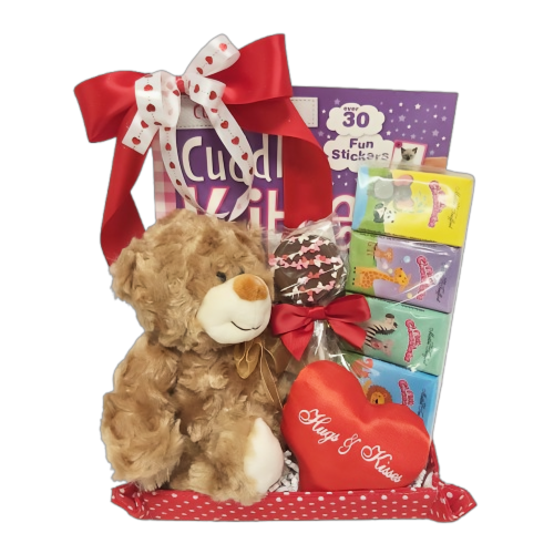 Ideal for your little Valentine, this special gift basket is sure to make them feel special. Packed with a cozy plush bear, a fun puzzle book or stickers and delicious chocolate treats. The perfect way to create a memorable Valentine's Day moment.