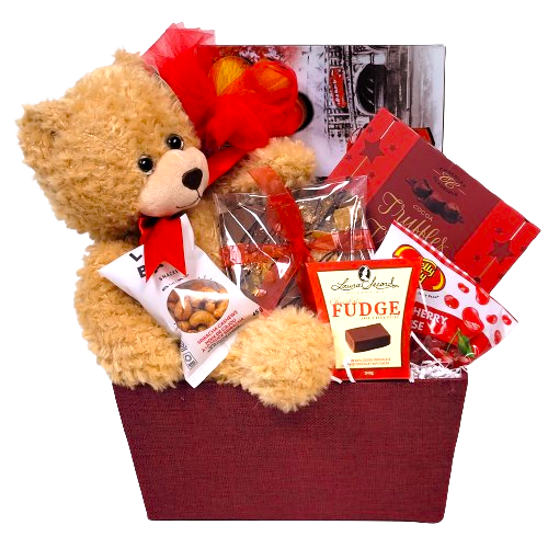 Specially for Your Love, an adorable teddy bear nestled amongst tasty treats to enjoy. There's classic truffles, chocolate bark, nuts, jelly beans and biscuits too! 
