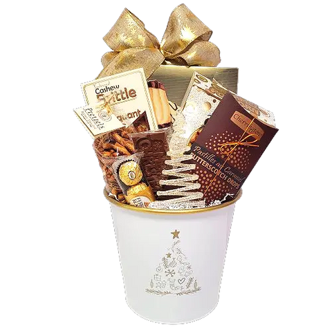 A Christmas tin with chocolate, caramel corn, brittle, cookies, candies and a beautiful Christmas ornament.