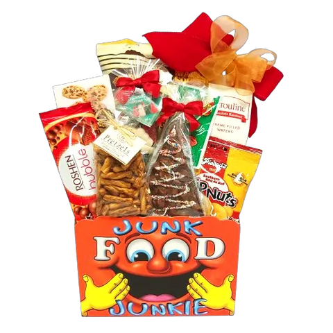 This one's sure to satisfy the Christmas snack cravings! This fun designer gift box is filled with tons of sweet &amp; salty treats. There's pretzels, nuts, chocolates, cookies, candies and popcorn too!