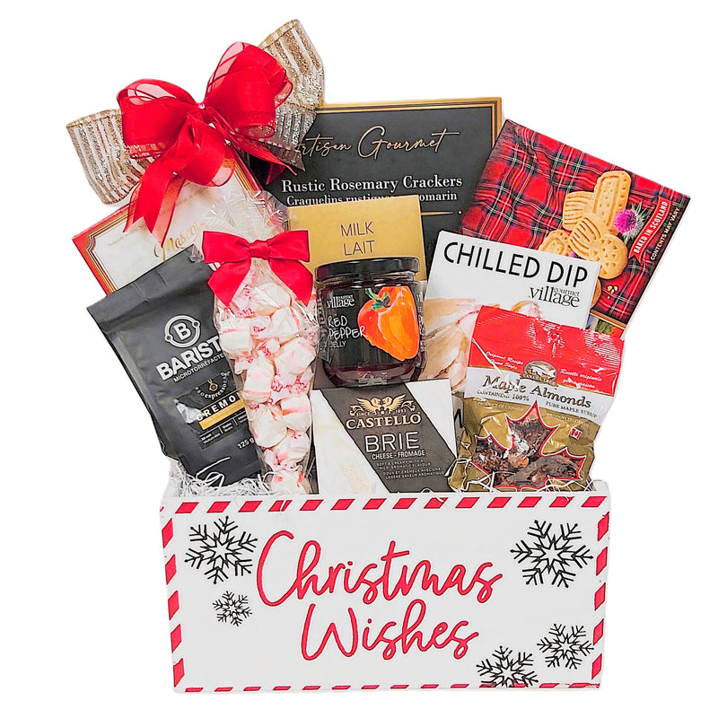 Our Christmas Wishes holiday gift box is filled with buttered shortbread, artisan crackers, sweet peanut brittle, delectable chocolates, cheese, gourmet coffee, red pepper jelly, nuts and a dip mix too.