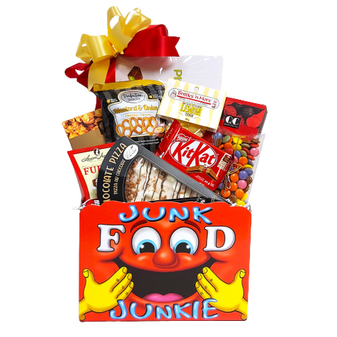 A "Junk Food Junkie" container with chocolate pizza, fudge, pretzels, smarties, caramel corn and more.  