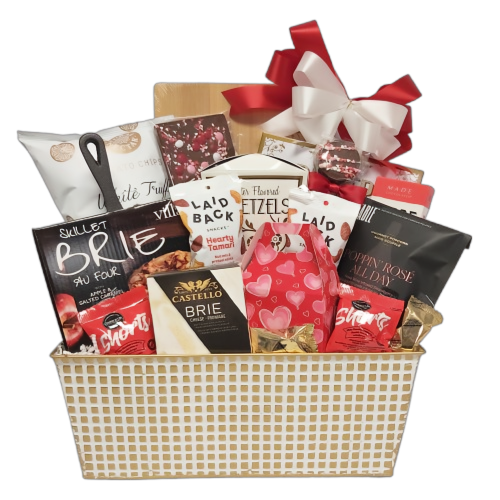 Experience a delightful Valentine's Day with our Loving Embrace gift basket. Your Valentine will indulge in a selection of cheese, crackers, chocolate, shortbread, pretzels, nuts, chips and a baked brie skillet. This basket is filled with an array of savory treats to satisfy all your Valentine's cravings.