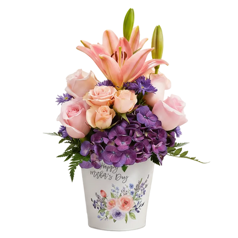 Roses, lilies and hydrangea arrangement of flowers. 