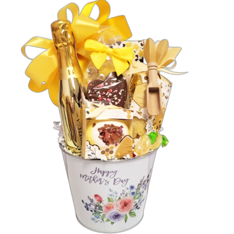 A Happy Mother's Day tin filled with spa indulgences, sparkling wine and chocolate.