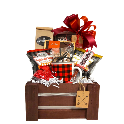 Dad will enjoy this crate just full of gourmet delights and snacks to enjoy. There's smoked salmon, peanut brittle, spiced pretzels and pepperoni too.  He'll enjoy his morning coffee in this red and black check mug brewed with our specialty coffee that's included for him. 