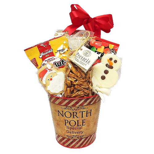 Direct from the North Pole, this festive container holds lots of munchies to enjoy over the holidays. There's cookies and chocolate, nuts and pretzels, candy treats and more!