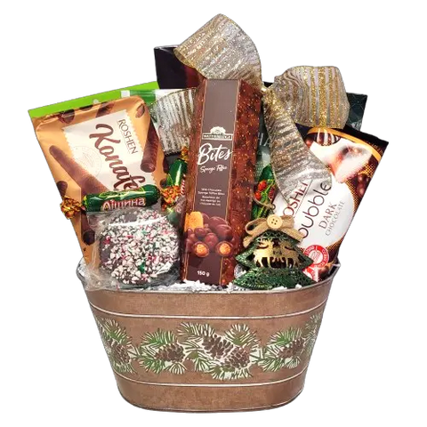 A festive pinecone gift basket with chocolate wafers, chocolate-covered nuts, chocolate bars, peppermint sprinkled chocolate and a keepsake ornament to treasure.