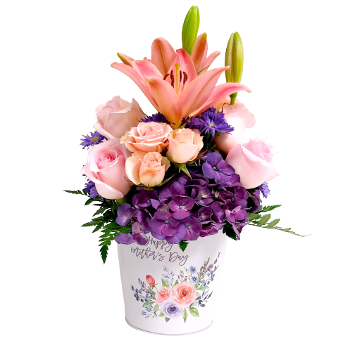 Make Mom smile on her special day with this pretty "Happy Mother's Day" tin filled with beautiful roses, lilies and hydrangea in beautiful tones of pinks and purples.  
