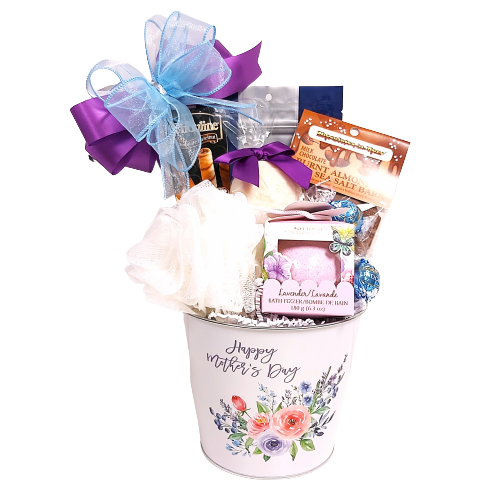 Your Mom will enjoy a bit of pampering and a bit of sweets with this pretty "Happy Mother's Day" tin filled with biscuits, chocolates, a soft bath fizzer, pretty soap and a bath poof too! 