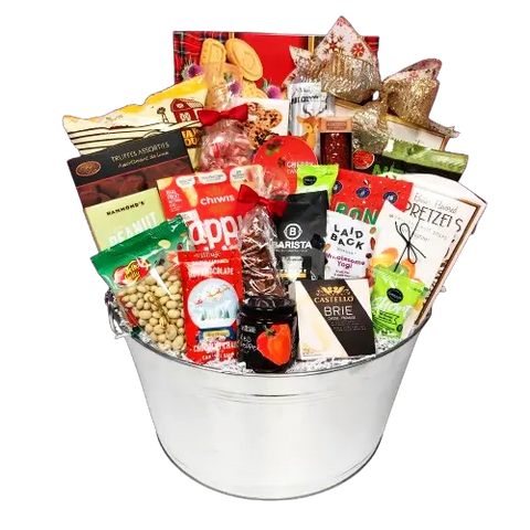 There's so many scrumptious treats in this large silver tub gift basket, Rudolph might just drop in for the party! There's shortbread, luxe assorted truffles, hot chocolate, crackers, cheese, artisanal salami, nuts, chips, cheese toppers, pretzels, sweet candy and coffee too! A fabulous Christmas gift basket for all to enjoy!