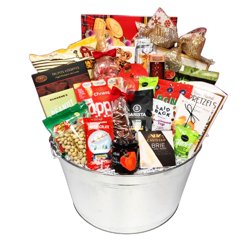 There's so many scrumptious treats in this large silver tub gift basket, Rudolph might just drop in for the party! There's shortbread, luxe assorted truffles, hot chocolate, crackers, cheese, artisanal salami, nuts, chips, cheese toppers, pretzels, sweet candy and coffee too! A fabulous Christmas gift basket for all to enjoy!