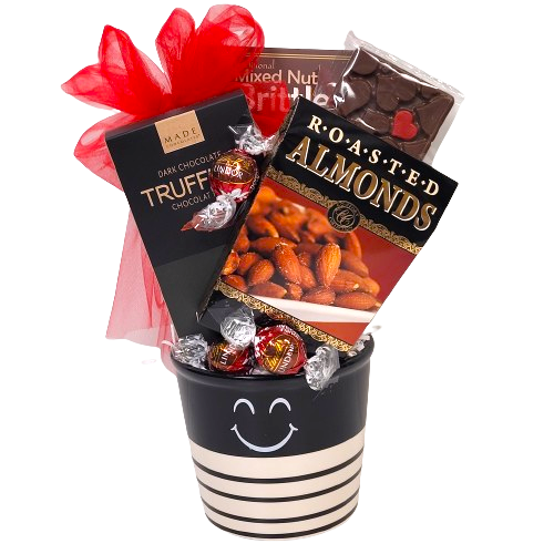 Send a smile with this cute ceramic pot loaded with truffles, peanut brittle, chocolate and nuts. Will sure bring on a smile no matter the occasion!