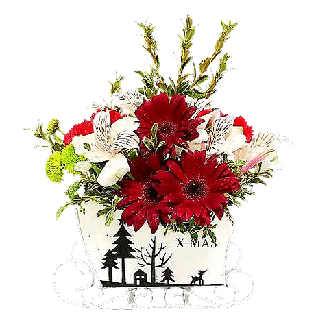 A pretty floral arrangement of lush Christmas greens and red and white florals nestled inside our wooden sleigh is sure to make the sleigh bells ring.