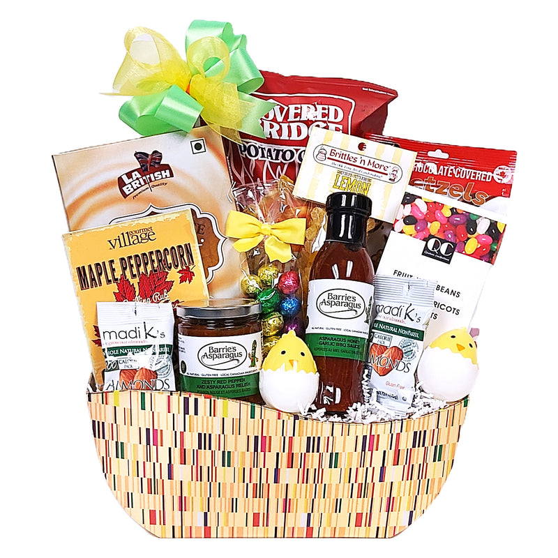 A bountiful basket filled with lots of spring delights. There's BBQ sauce, jelly beans, dip mix, delicious gourmet relish, nuts, jelly beans and more! A wonderfully festive Easter basket to give and to receive!