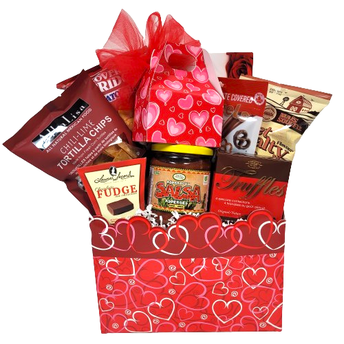 For your Valentine who is a sweet &amp; salty snack lover, this one's sure to hit the mark. There's tortilla chips and salsa, popcorn, lots of chocolates, potato chips and pretzels too!