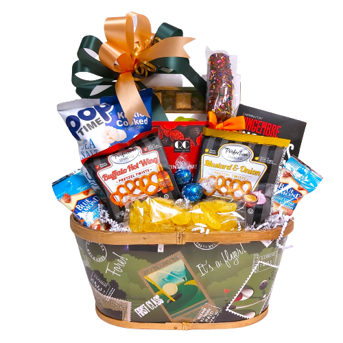 For the golfing Dad!  He'll enjoy taking a break at the 9th hole with the sweet & salty snacks loaded in this golf designed container.  Nestled inside there's popcorn, spiced pretzels, nuts, candies, gummy red and black berries and cookies too!