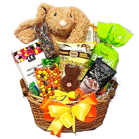 Wicker gift basket filled with jelly beans, chocolate treats, jelly candies, cookies, hot chocolate and a beautiful plus bunny.
