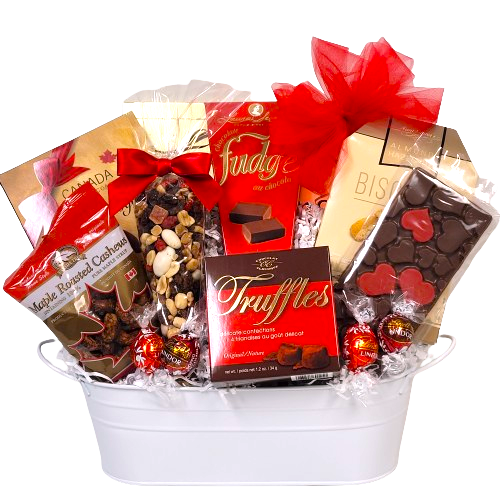 Deliver a fun Valentine's treasure trove of chocolates, cashews, biscotti, trail mix and more! 