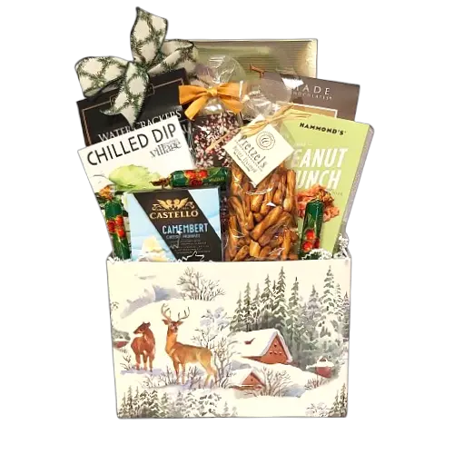 A winter wonder box with cheese & crackers, dip mix and pretzels, chocolate, cookies and more.
