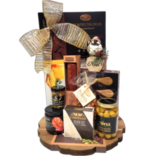 Our beautiful acacia wood charcuterie board is loaded with cheese, crackers, luxe assorted truffles, artisanal salami, olives, mustard and other gourmet delights. To add a touch of elegance, there's also a keepsake Christmas ornament and a cheese knife set. A beautiful gift basket perfect for holiday entertaining!