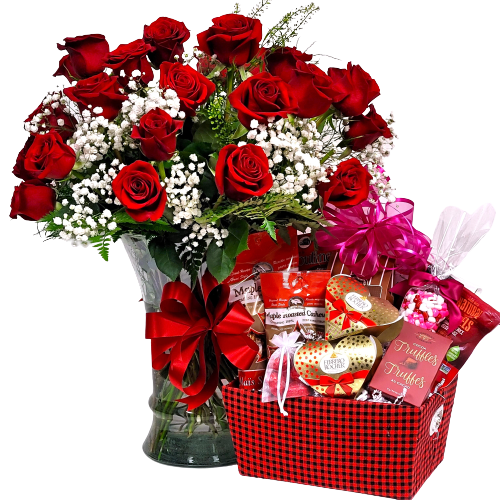 Artfully designed floral arrangement of two dozen red roses with gift basket of sweet treats