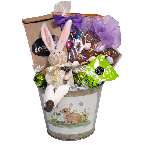 The coffee lover will love this classic Easter bunny tin filled with gourmet coffee, chocolate Easter eggs, cookies, chocolate Easter bark, shortbread and a cute little bunny to keep! 