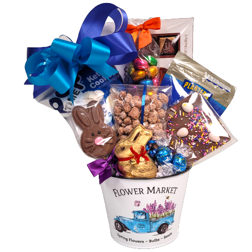 All the bunnies will be hip hopping when they receive this pretty tin flower pot brimming with so many treats to savour. There's nuts, a chocolate bunny, chocolate lolly, popcorn, and lots more. Sure to send warm Easter wishes!