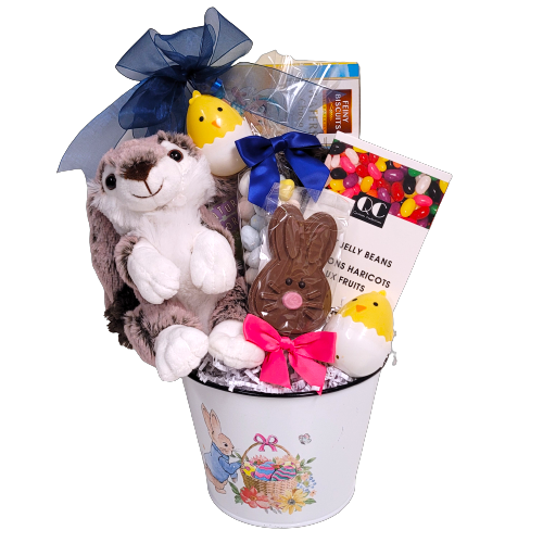 Little Thumpers will delight in this Easter tin filled with jelly beans, cookies, a chocolate bunny lolly, chocolate eggies, a soft and cuddly plush bunny and a couple cute little chicks too.