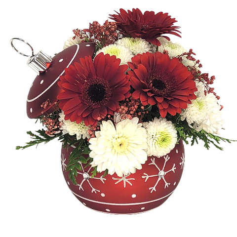 A large keepsake Christmas ornament filled with red & white florals.