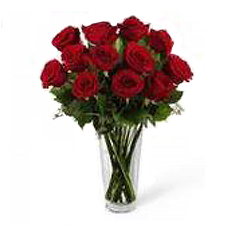 Floral vase arrangement of one dozen red roses.