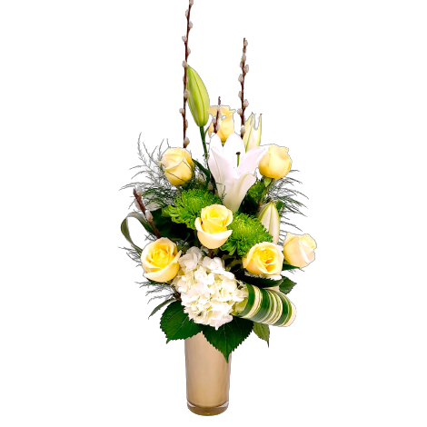 A classic design of white lilies, hydrangea, premium roses and green fugi to cherish. A soft and classy touch.