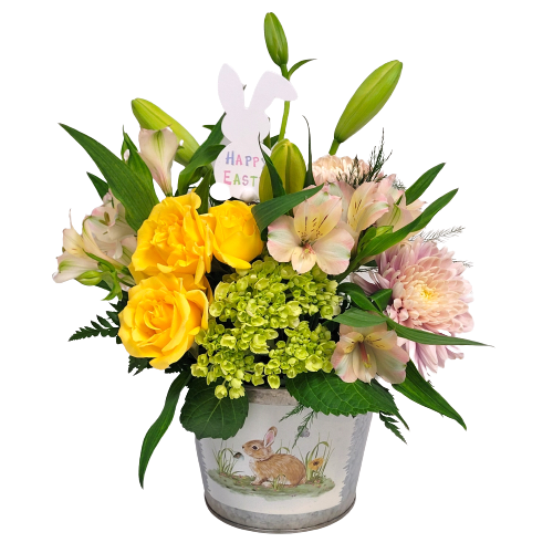 Send a little bunny kiss with this pretty floral arrangement in our springtime bunny pot. Soft pastels of roses, alstromeria, mums and hydrangeas make this a beautiful Easter arrangement to receive.