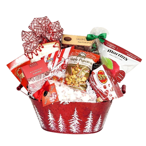 Santa's got all the yummy treats nestled inside a festive tin brimming with delectable truffles, apple chips, candies, popcorn, brittle, almonds and more. Container styles may vary.
