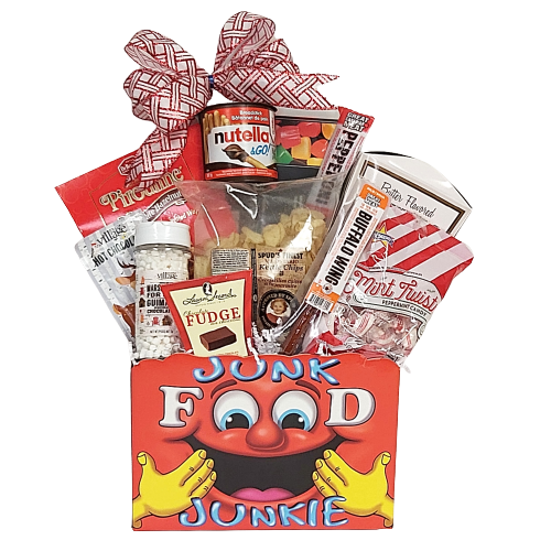 This fun designed box is filled with tons of sweet & salty treats. There's hot chocolate, chips, pepperoni, pretzels, cookies, candies and more. Sure to satisfy all those snack cravings!