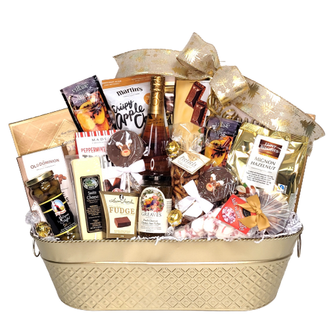 An oversized golden tin with sparkling apple cider, crackers, cheese, olives, nuts, chocolate lollies, chutney and more.