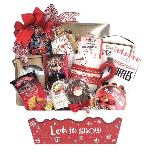 Oh! The weather outside might be frightful but they'll stay warm with this delightful basket brimming with coffee, hot chocolate, cider mix and tea along with some delectable treats to enjoy and a festive christmas mug to keep. Mug designs may vary.