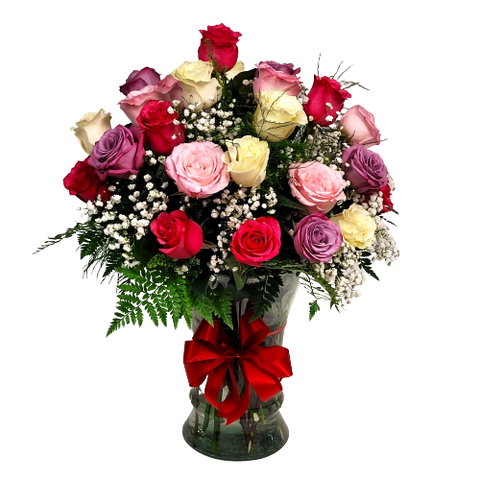 Beautifully arranged in our classy vase are two dozen soft coloured roses to express your sentiments.