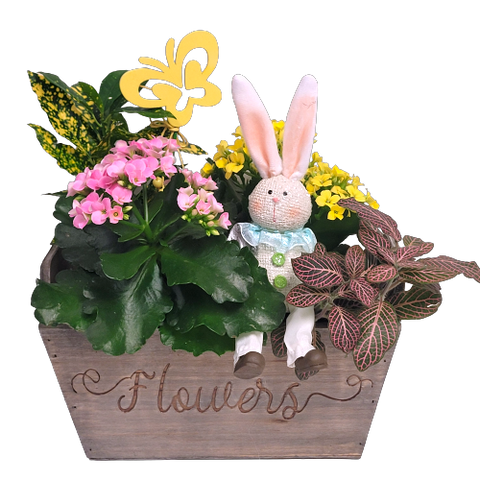 A wooden flower basket with our cute Easter Bunny peaking through! 